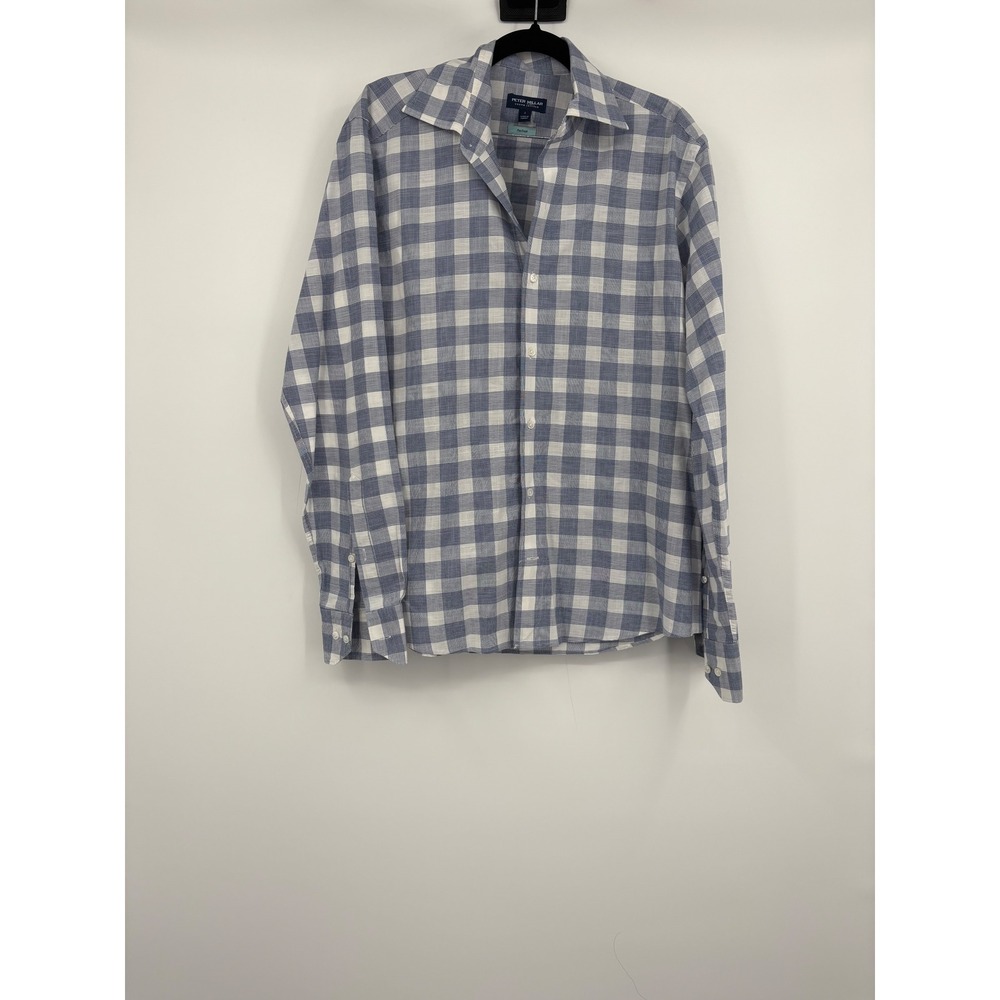 Peter Millar Crown Crafted Mens Blue White Gingham Check Flex Finish Button S